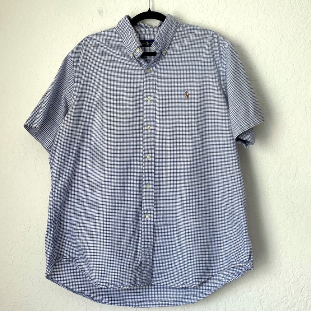 Ralph Lauren Button Shirt Mens XL Blue Check Flesh Pony Short Sleeve Career Work - Picture 1 of 7